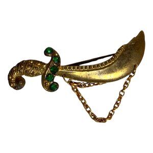 Vintage Gold-Tone Sword Brooch Tie Clip Emerald Green Gem Accents & Chain Detail